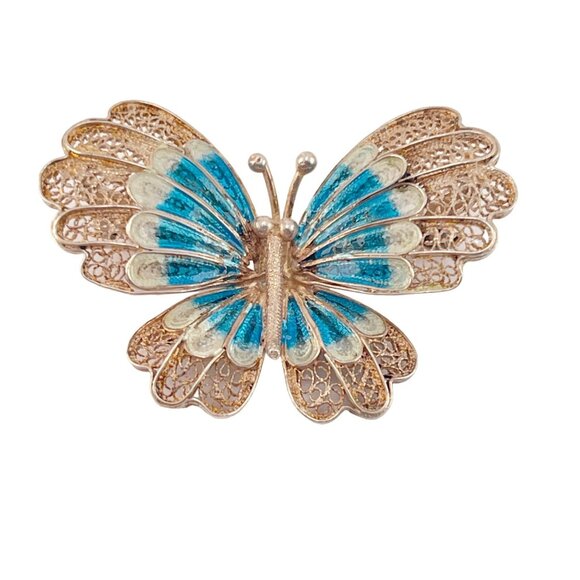 Chinese Export 1970s Blue Enamel Butterfly Pin Brooch Filigree 900 Silver - Picture 2 of 11